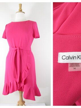Calvin Klein Plus Size Solid Pink Belted Faux Wrap A-line Short Sleeve Dress 14